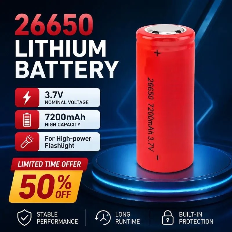 For 26650 Lithium Rechargeable Battery 3.7V 7200mAh Large Capacity Flat Top Cell for High‑power Flashlight