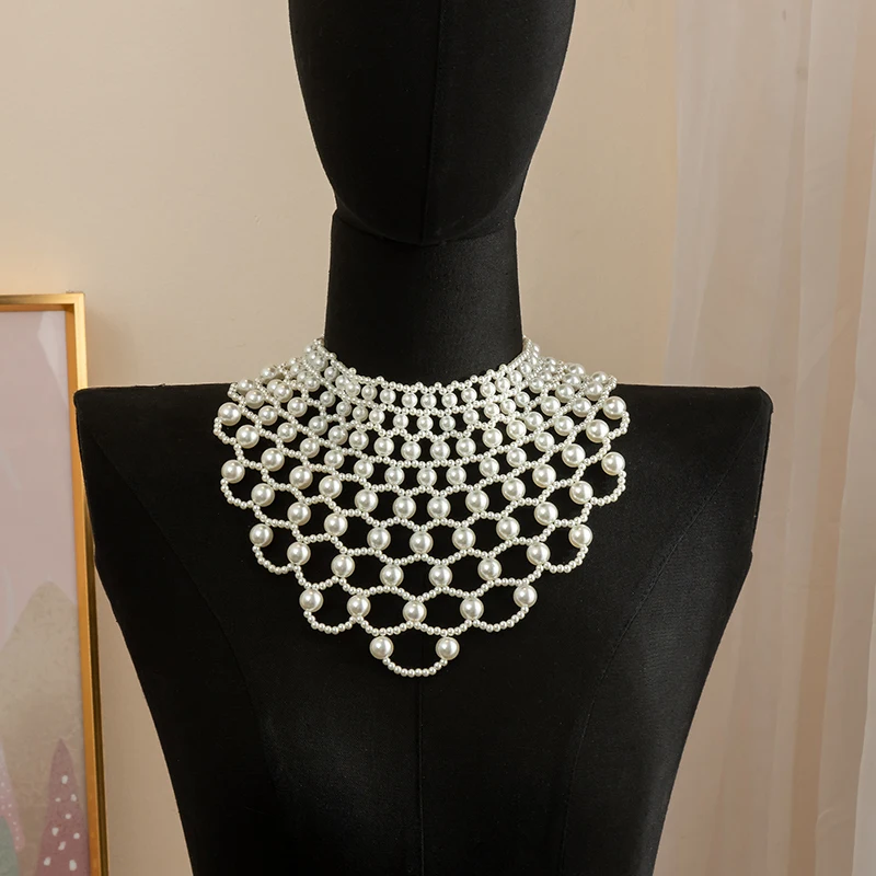 

Hand-woven multi-layer wave cutout imitation pearl fake tie summer choker wedding dress jewelry