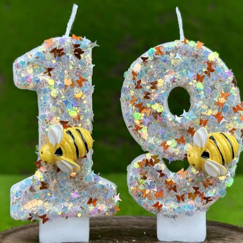 3D Number Cake Decorating Candles Glitter Bees Digital Candles Cake Topper Birthday Party Memorial Day Party Cake Decoration