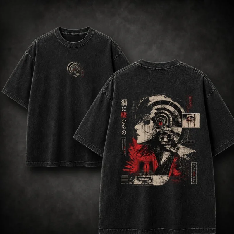 Horror Manga Junji Ito Uzumaki Washed Retro T‑Shirt Short Sleeve Tee Casual Street Tops Dark Art for Men and Women Otaku Fans