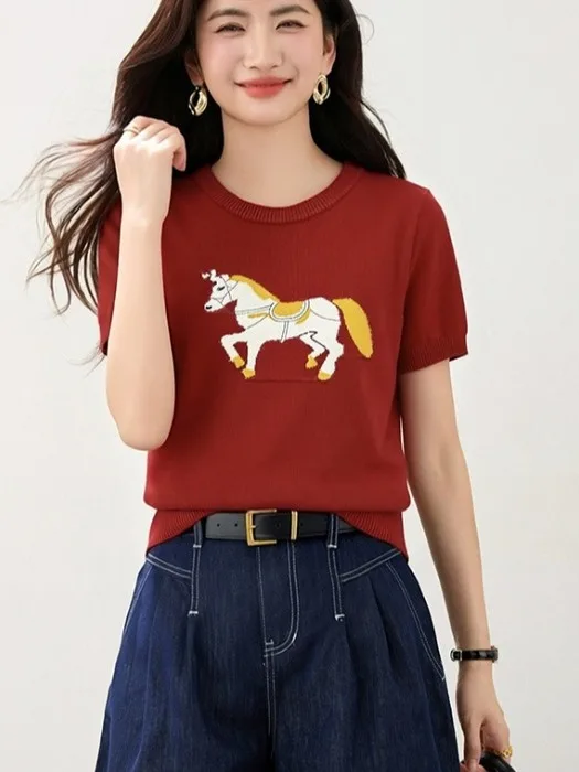 

Новинка 2026: Летний красный трикотажный топ с коротким рукавом для женщин, базовый слой, модный, в стиле «Маленький аромат»