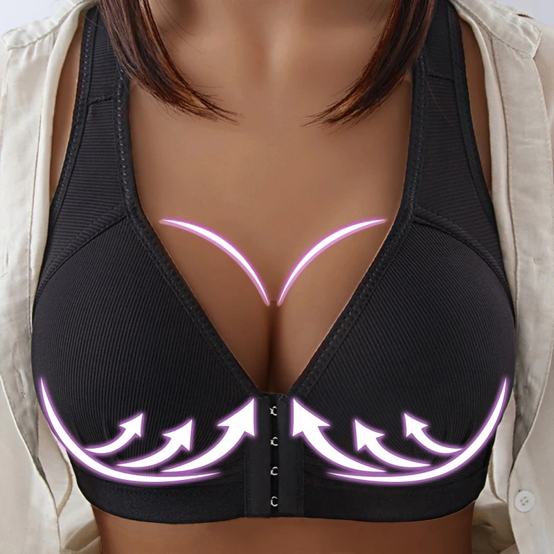 Damen-BH ohne Bügel, Frontverschluss, einfarbig, volle Abdeckung, feste Cups, Push-up-BH, stützender BH, stoßfeste Unterwäsche – Detail 12