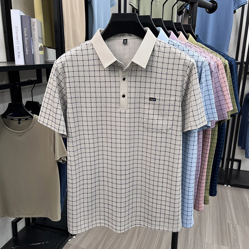 Herren Kurzarm-Poloshirts mit Diamant-Jacquardmuster, klassische Passform, lässige Oberteile, weiche, bequeme, modische Hemden für Männer – Detail 17
