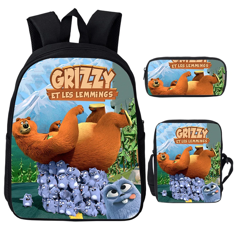 Grizzy And The Lemmings-mochila con estampado para niños y niñas, Juego de 3 piezas, mochilas escolares de dibujos animados, impermeable, para ordenador portátil