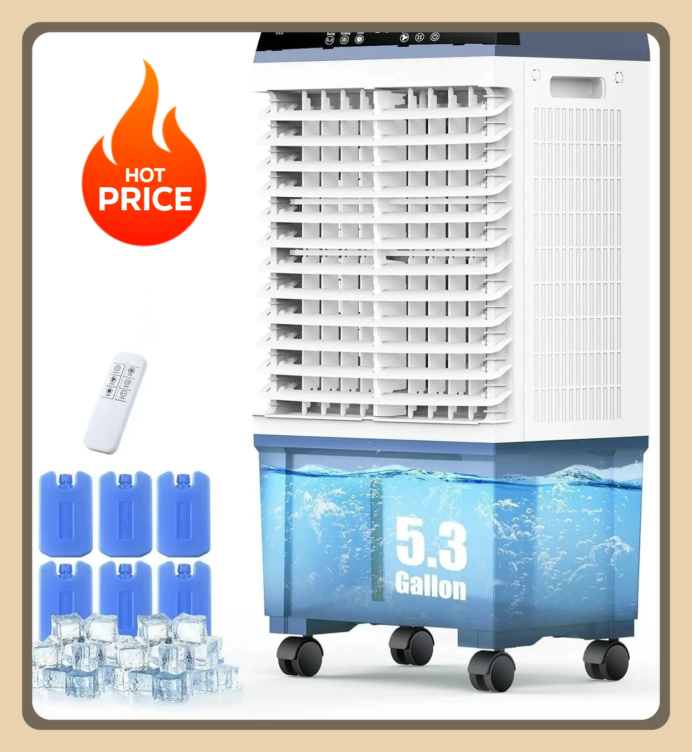 

Swamp Cooler, 3 Speeds Air Cooler, 1800 CFM Evaporative, 6 Ice Box & 5.3 Gal Water Tank, Large Remote, 110° Auto Swing