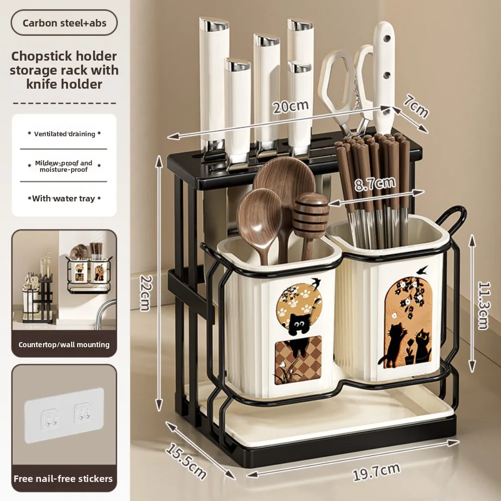 Kitchen Knife Storage Rack Countertop Draining Non-drilling Integrated Rack Double-cup Chopstick Holder Kitchen Organizer view 5