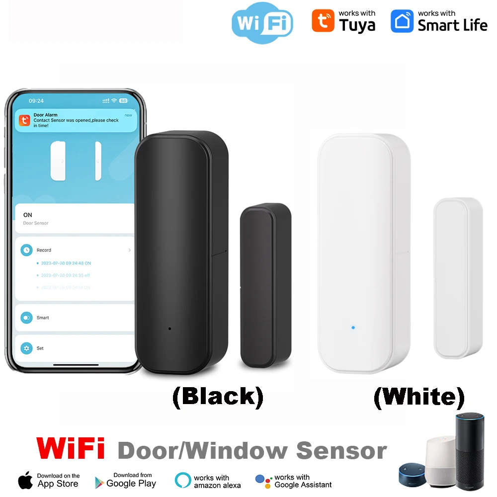 Tuya WiFi Door Sensor Smart Home Wireless Door Open Close Detectors APP Remote Alarm with Black or White Color