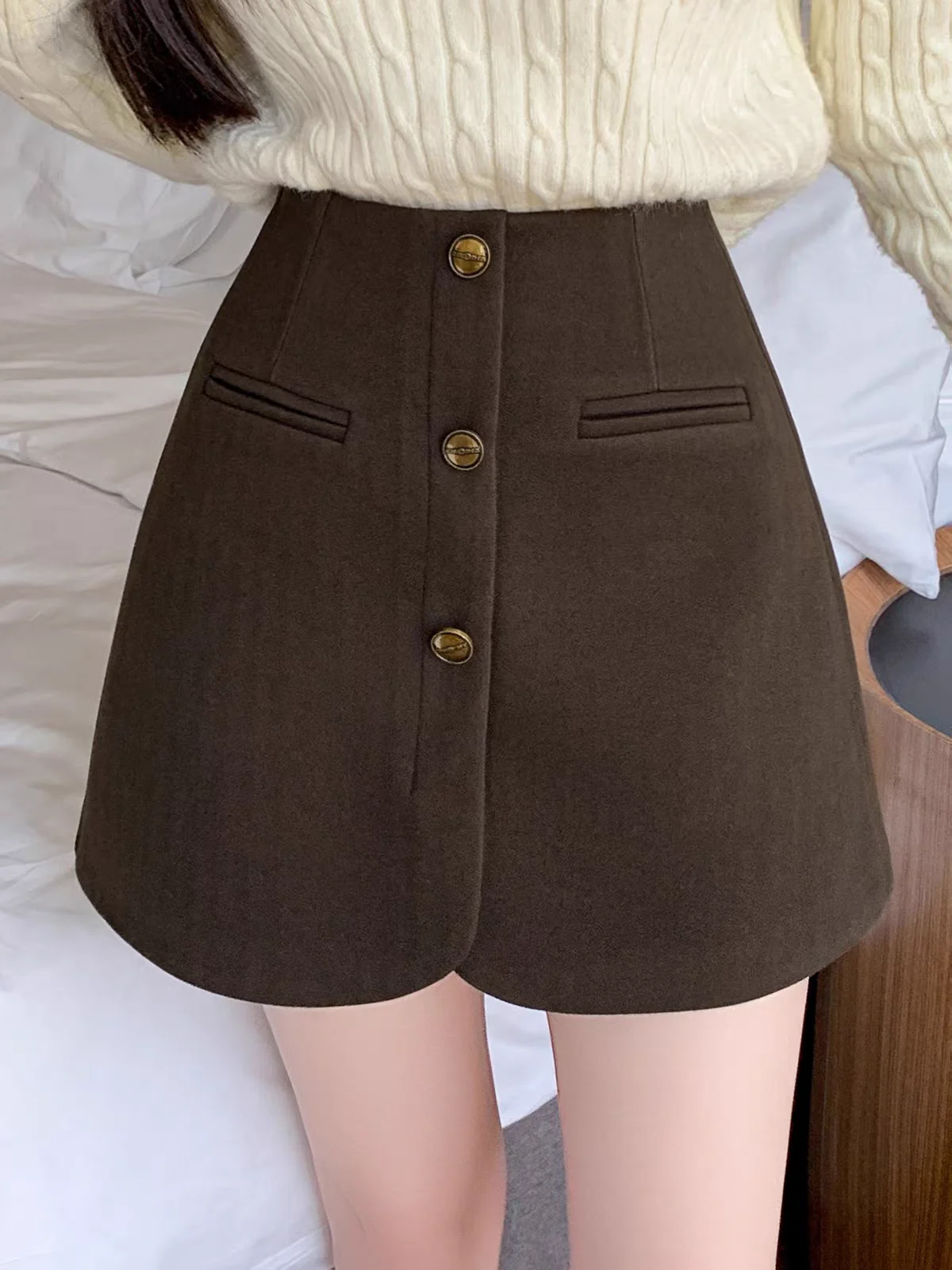 2026 Fall Winter New Women's Woolen Wide-Leg Skort A-Line Button-Front Short Skirt Pants Half Skirt Shorts Casual Streetwear