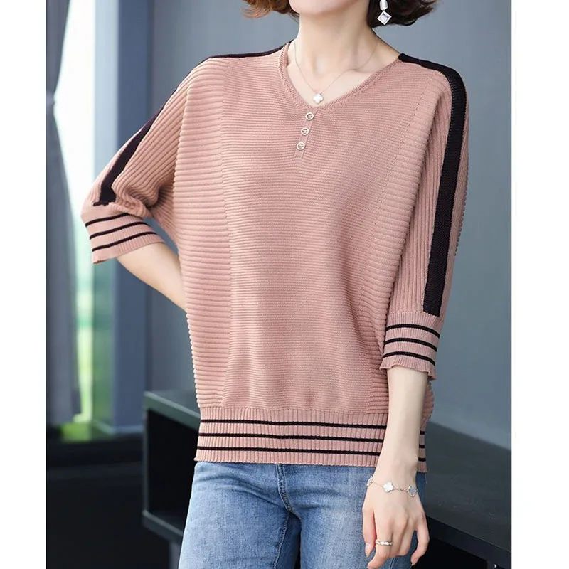 Fashion Loose 3/4 Sleeve Contrast Color Knitted Tops Women's Clothing Korean Button Spliced V-Neck Pullovers Sweaters for Female
