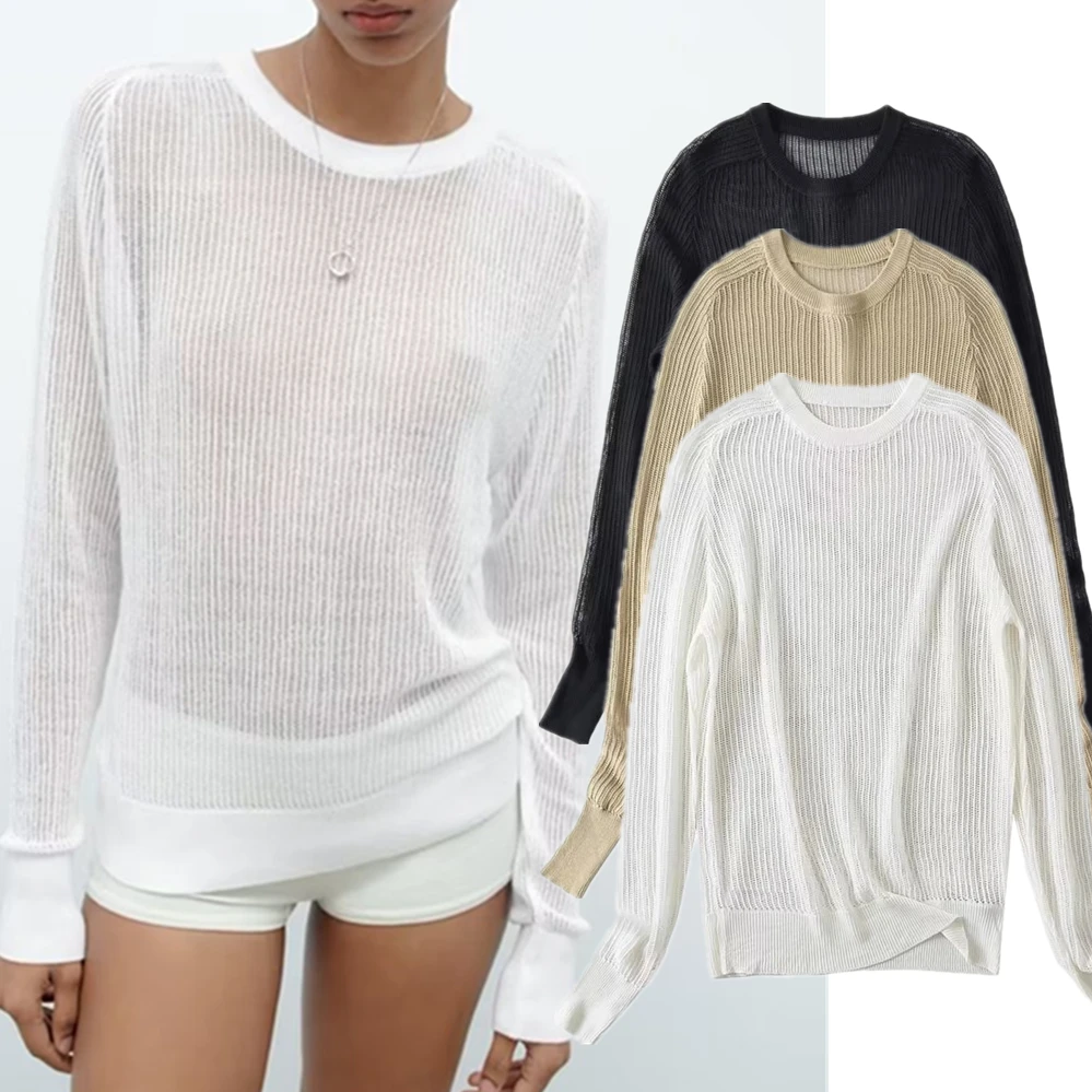 

Withered British Ladies Solid Color Simple Knitted Hollow Top Fashion Casual Basic T-shirt Women