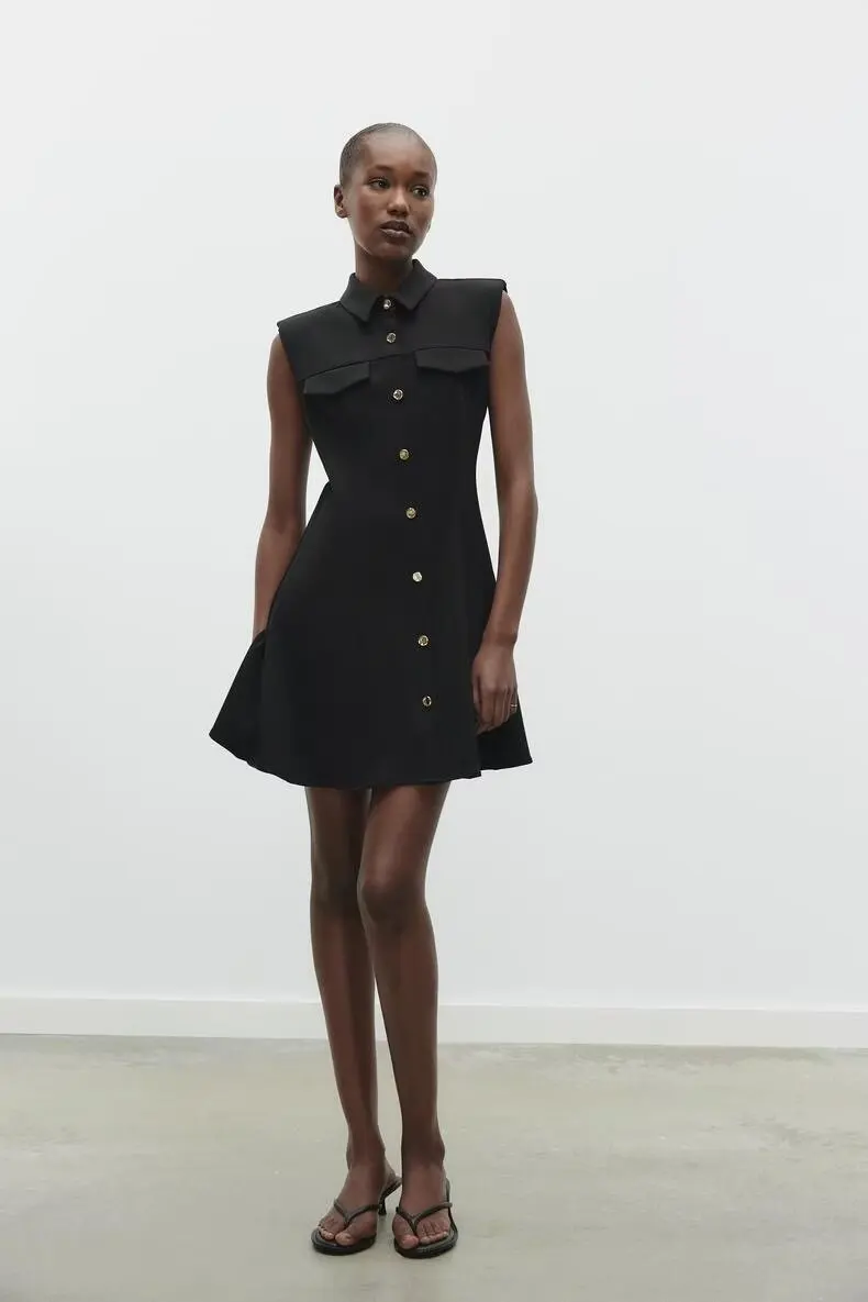 

Spring 2025 New Women's ort Waist-Cinching Svel Collar Dr Single Button A-Line Skirt High Waist Polyester Fiber