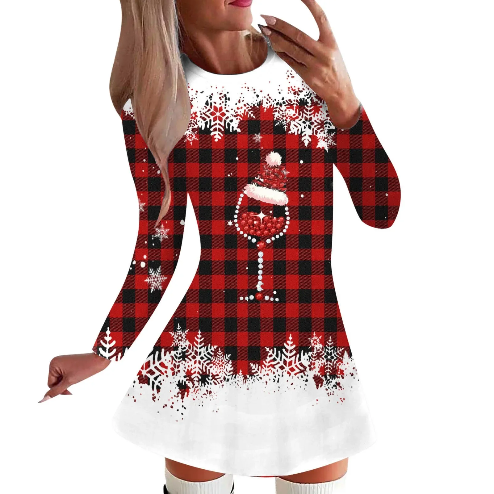 

Women's Fashion Casual Christmas Mini Dress Long Sleeve Printed Round Neck Christmas Wine Glass Printed Loose A-Line Dress Women