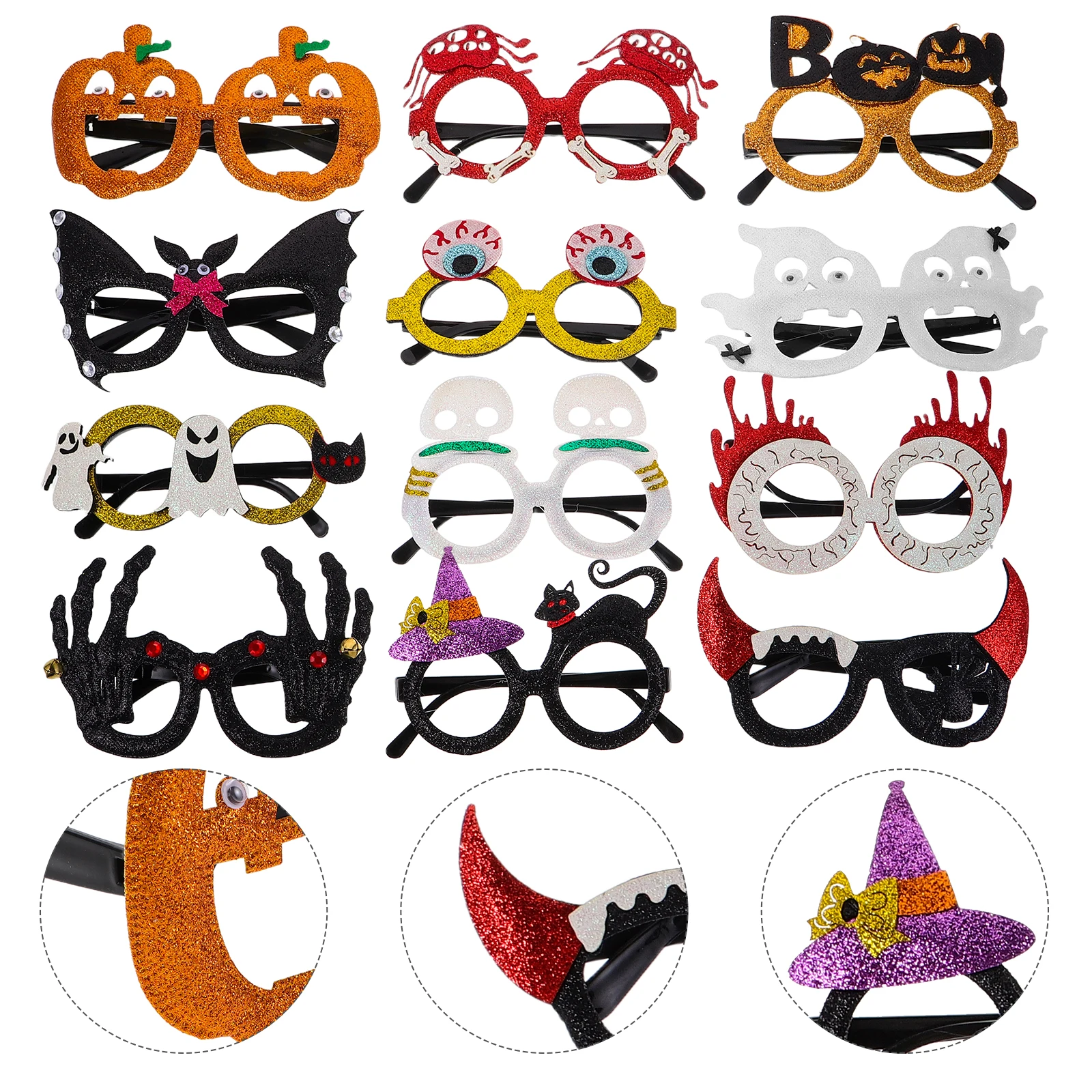 

12Pcs Halloween Glasses Glitter Plastic Frames Novelty Pumpkin Skull Ghost Spooky Party Photo Booth Eyewear Funny Party Glasses