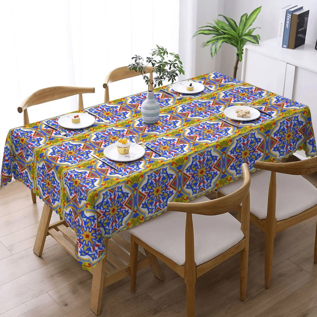 Portuguese Azulejo Tiles Custom Rectangular Tablecloth Waterproof Table Cover for Dining Events Table Cloth