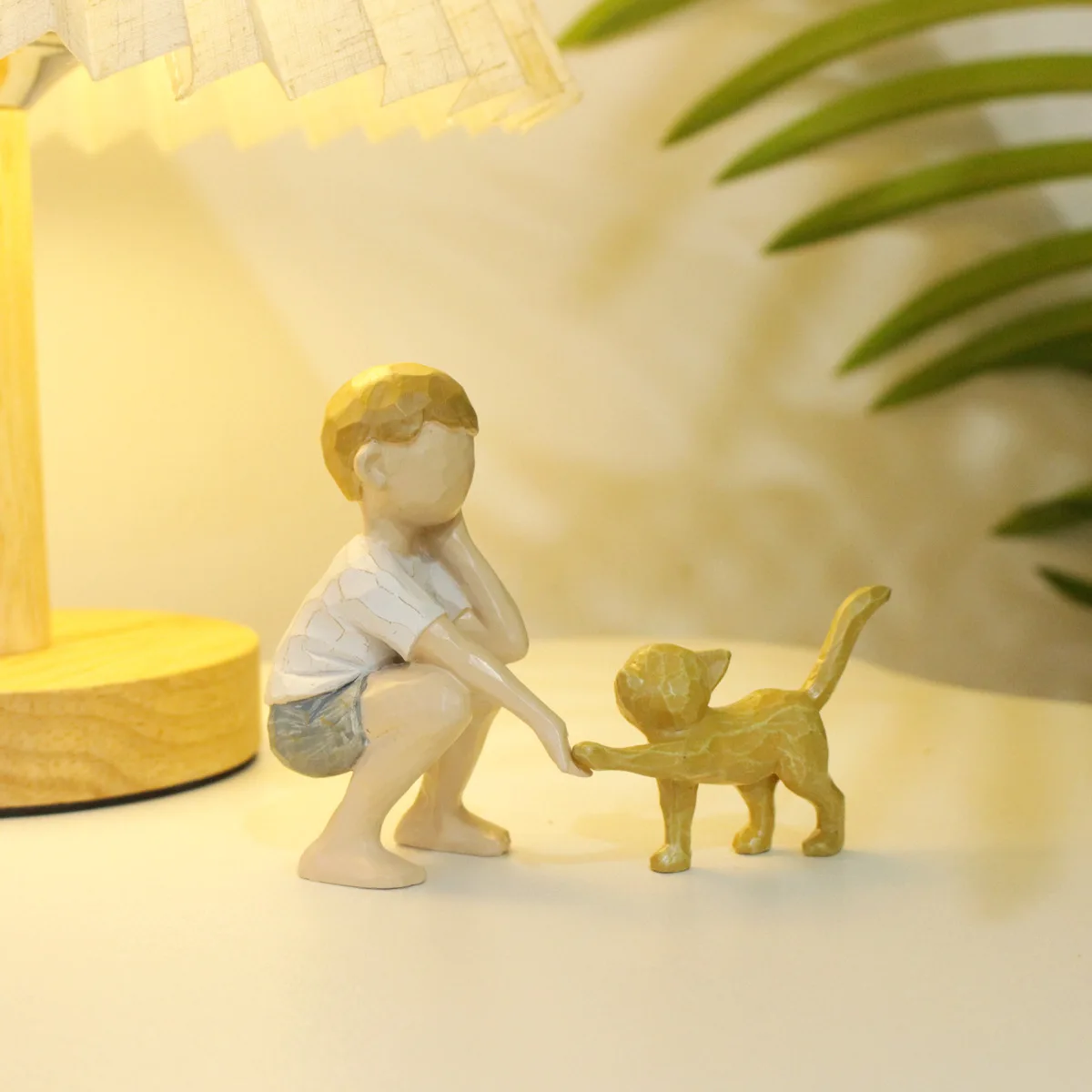 

‌Wooden Boy with Cat Figurine - Handmade Carved Statue for Kids Room‌