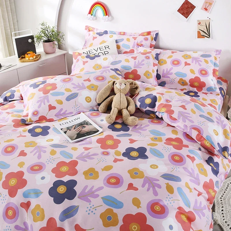 Colorful Flowers Duvet Cover Set Teens Boys Girls Queen King Bedding Set Skin-friendly Breathable Cotton Quilt Cover Pillowcases