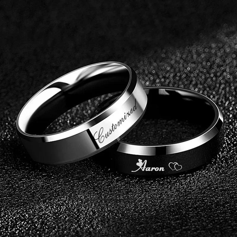 Personalize Stainless Steel Beveled Edge Ring for Men Women Black Wedding Band Custom Name Letter Date Jewellery Gift