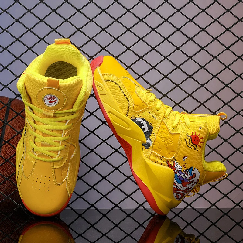 New Children Boys Basketball Shoes Fashion Cute Cool Yellow Kids Basketball Sneakers Thick Soled Non-slip Outdoor Sports Shoes