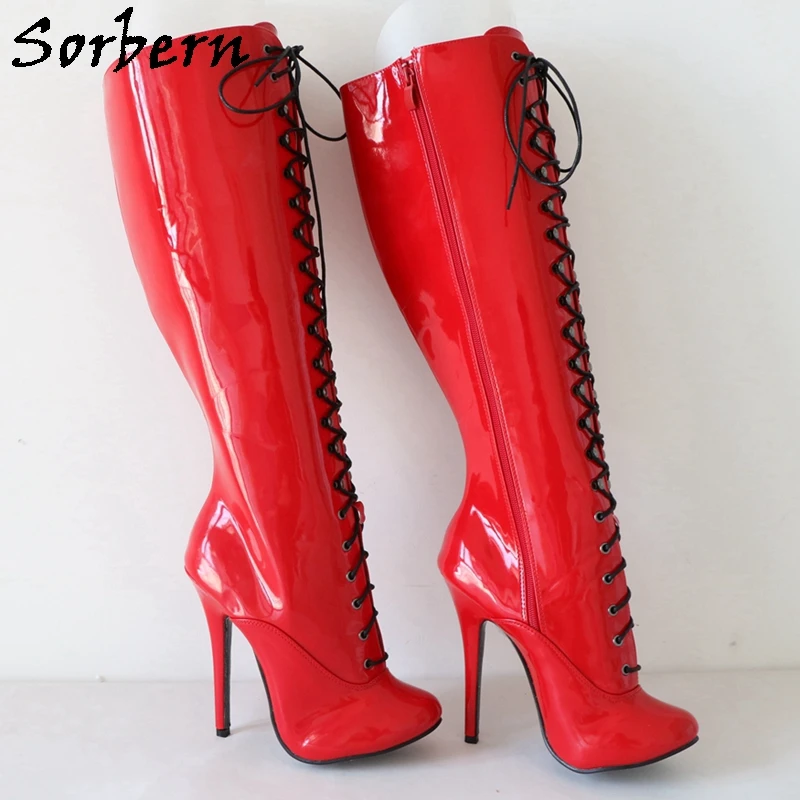 Sorbern Retro Red Knee Boots Ladies Burlesque Heel Dancer Show Lace Up Boot High Heel Customized Leg Stilettos Size 36-46