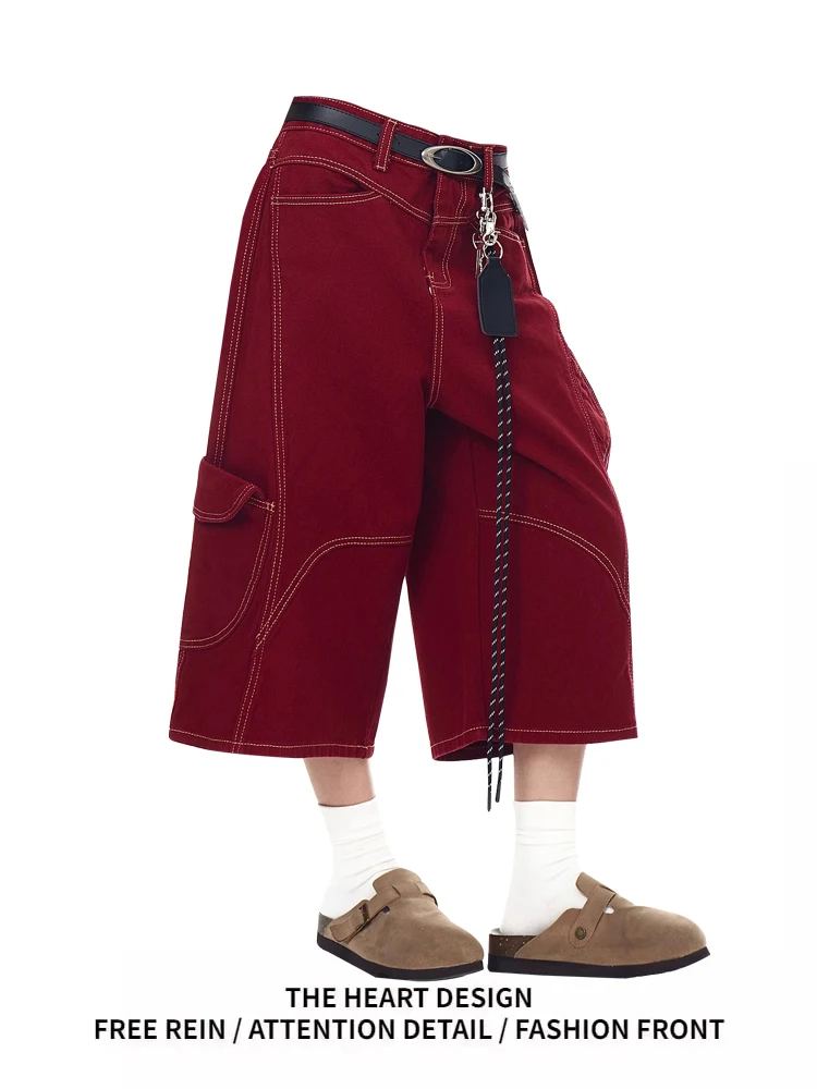 Czerwone jeansowe spodnie o długości siedmiu stóp, damskie, letnie, nowy design, dekonstruowane, monolinowe, wielofunkcyjne spodnie robocze, spodnie o długości ośmiu części.