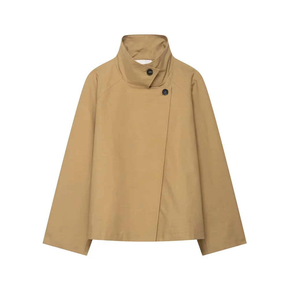 

BMURHMZA women's new product simple temperament high neck contrasting button long sleeved casual solid color jacket