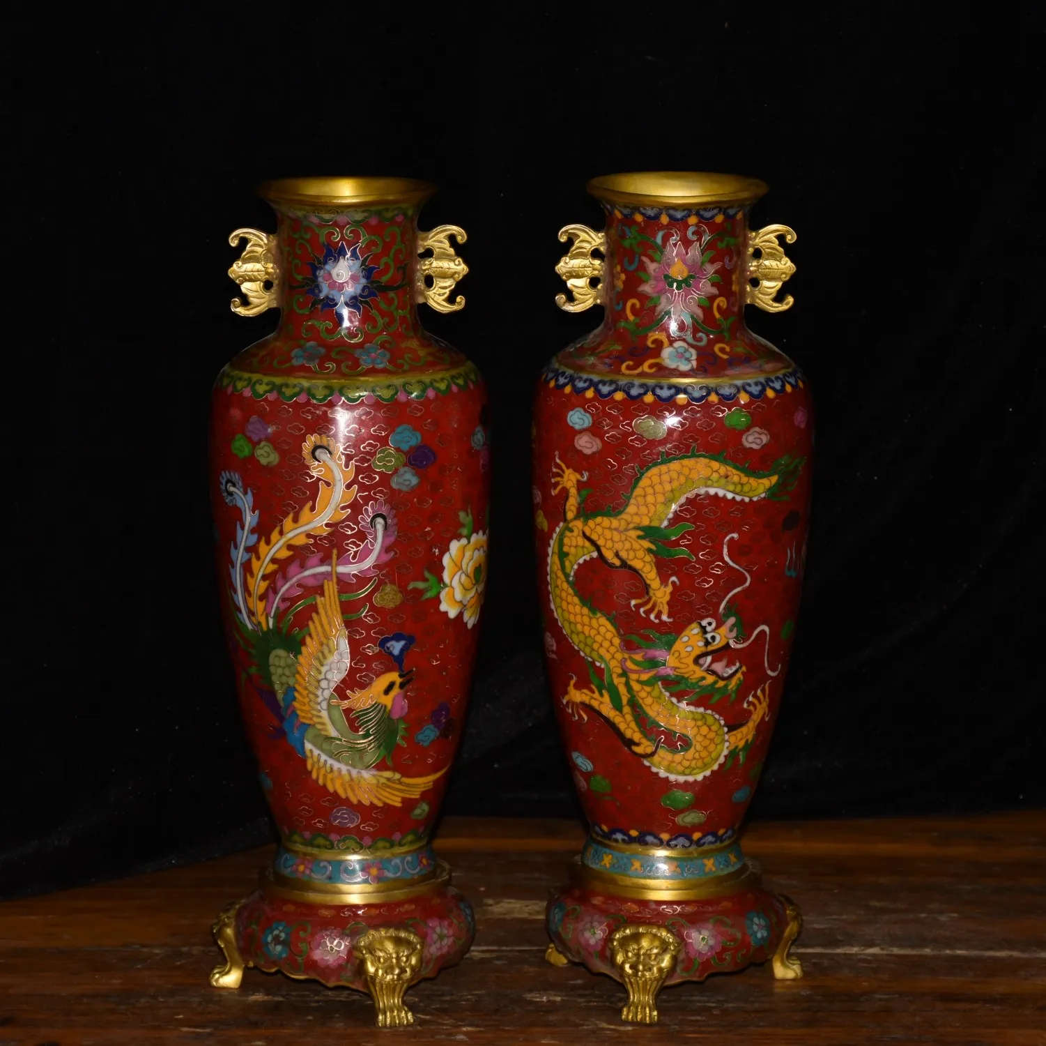 

17"Tibetan Temple Collection Old Bronze Cloisonne Enamel Dragon Phoenix Texture Bat Ear flower Vase A pair Amass wealth