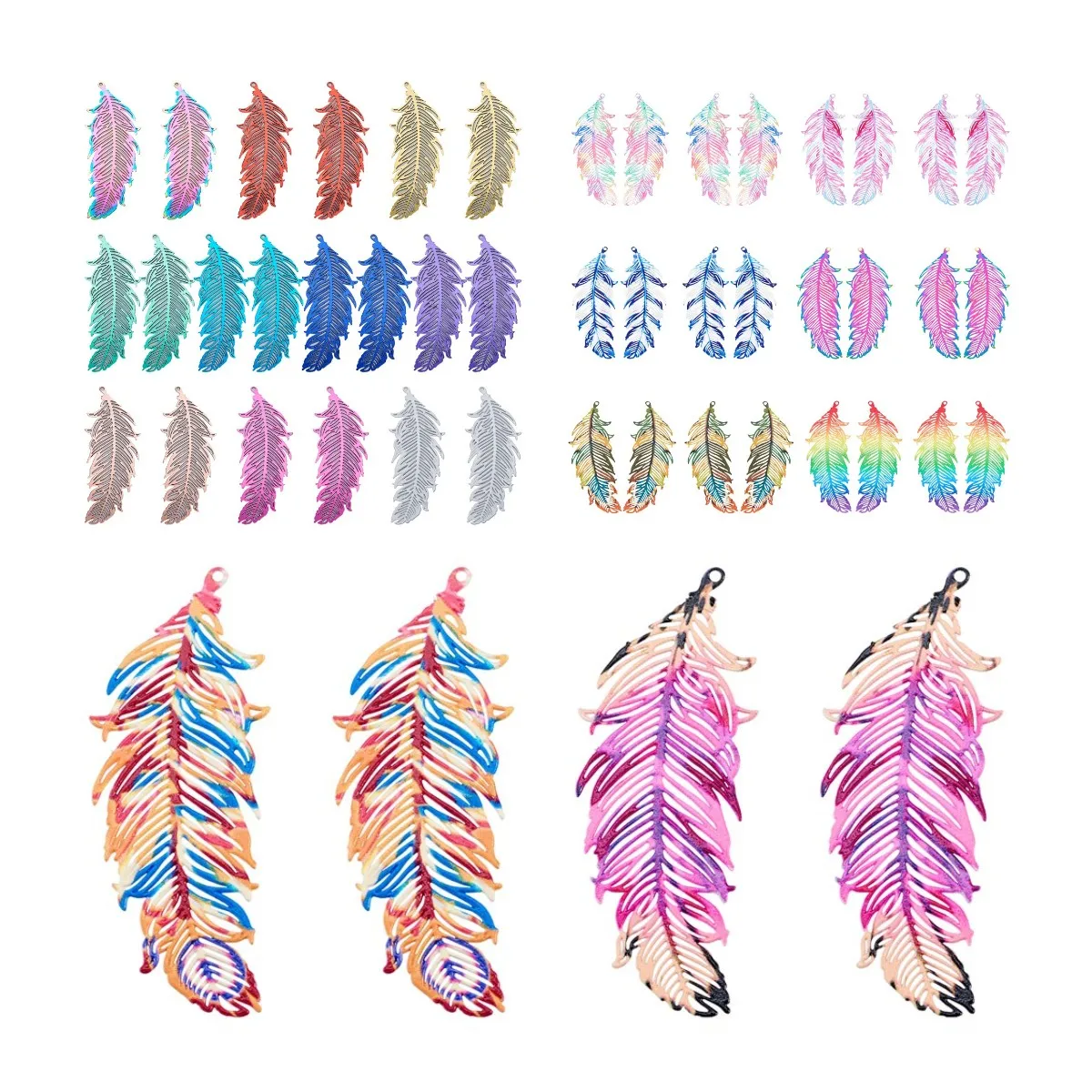 1 Box Filigree Etched Feather Charms 201 & 430 Stainless Steel Pendants Colorful For Necklace Keychain Jewelry Making Accessory