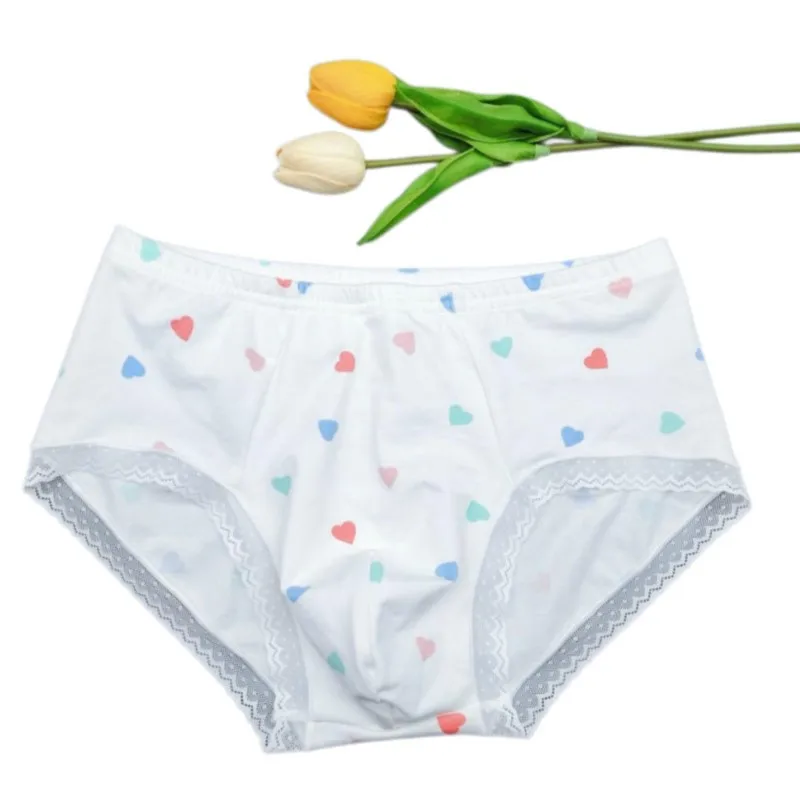 Man's Sweet Cute Flower Graphics Cotton Briefs Panties Breathable Lace Trim Sexy Mid Waist Lingerie BF Nightclub Club Show Panty