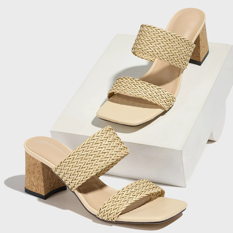 الصيف النساء النسيج أحذية رئيس مربع النعال بلون حذاء بكعب عالٍ مكتنز الانزلاق على الشرائح مثير مأدبة الحفلات البغال Zapatos #4