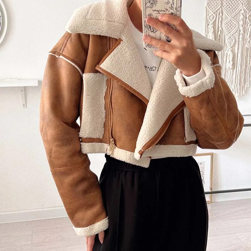 Women Faux Fur Lamb Jacket 2022 Winter Ladies Short Thick Coat Vintage High Street Warm Spliced Female Chic Outwear