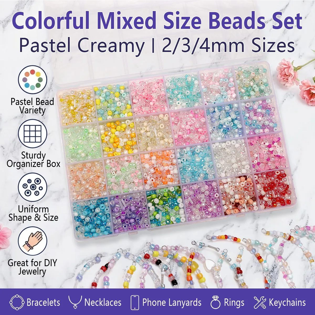 24 Grid Mixed Size Glass Seed & Tube Beads Set, 2/3/4mm Pastel Creamy Jewelry Making Kit for DIY Bracelet Necklace Craft Gift