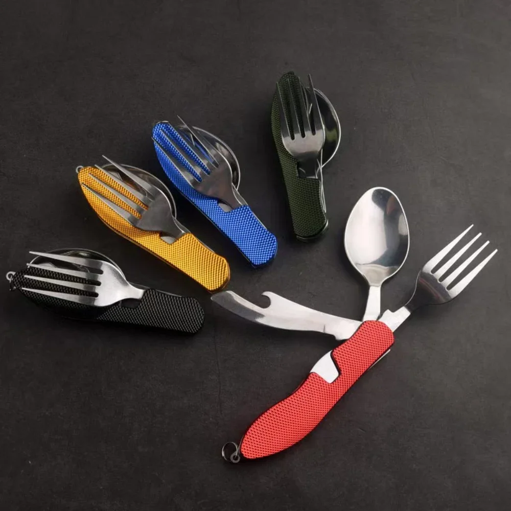 Stainless Steel Cutlery Set 4 in 1 Foldable Knife Fork Spoon Bottle Opener Outdoor Picnic Tableware Folding Pocket Tool Kit