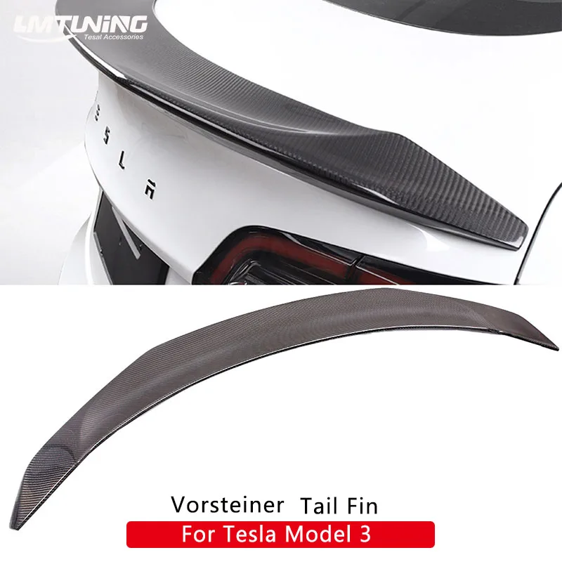 LMTUNING Real Carbon Fiber Spoiler for Tesla Model 3 Tail Wing Rear Trunk Lid Spoiler  Wing Compatible  2019-2023 Vorsteiner Fin