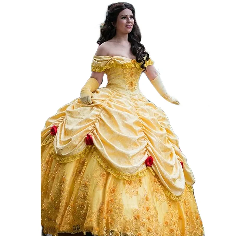 Princess Quinceanera Dresses 3D Floral Appliques Lace Ball Gown Sweet 16 Dress Off  Shoulder Ruched gold corset Prom Masquerade