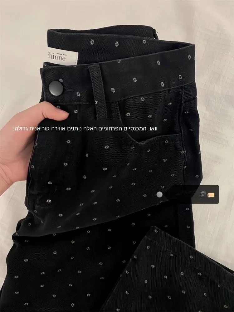 

plus Size Black Vintage Floral Dot Denim Pants Women Summer High Waist Straight Leg Loose Wide Leg Long Trousers