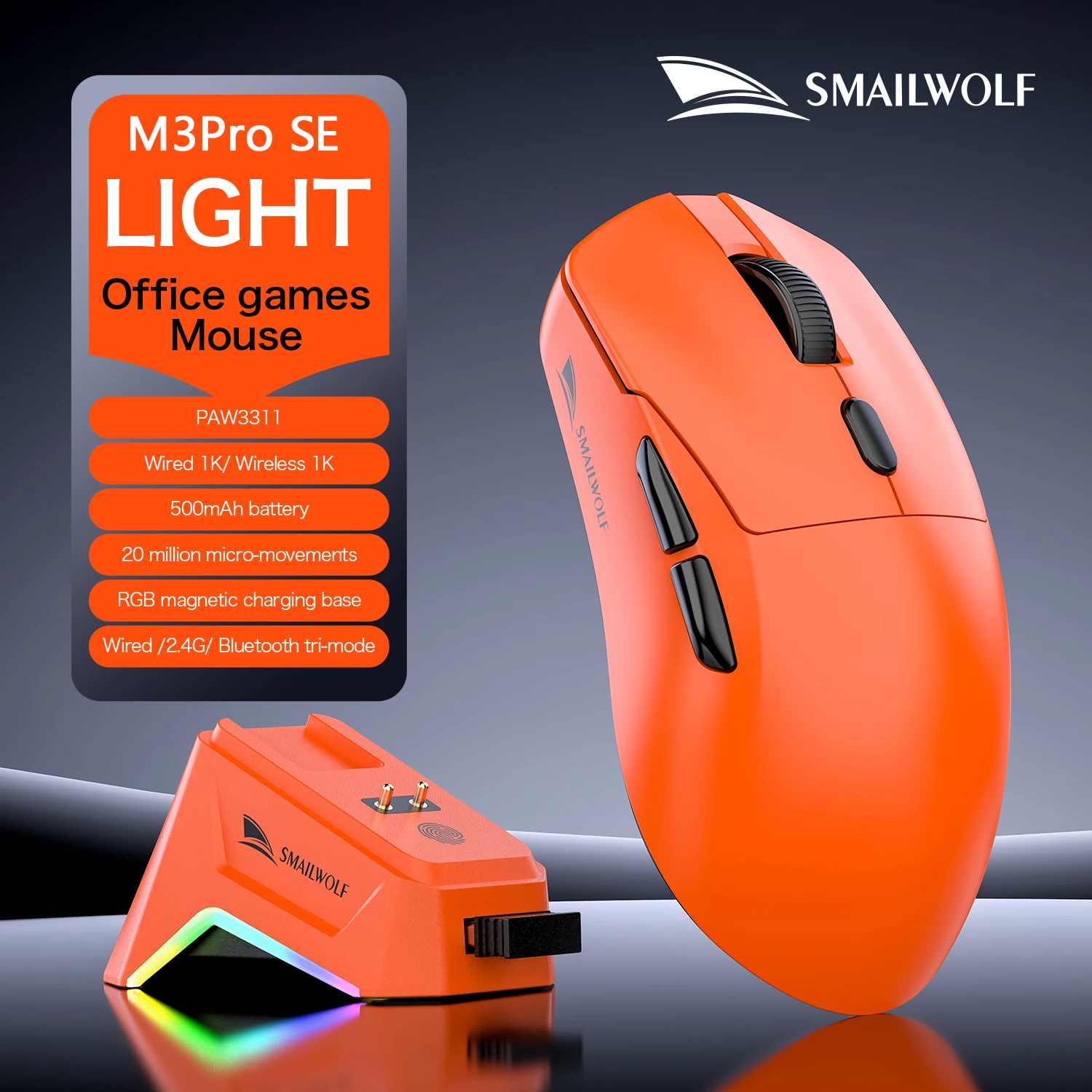 

SMAILWOLF M3PRo Bluetooth wireless gaming mouse, PAW3311 1KHZ 12000DPI macro definition e-sports office general lightweight