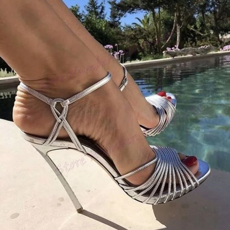 

Silver Back Strap Metal Heels Sandals Open Toe Shoes for Women Stilettos High Heels Sexy Lady Shoes 2024 Zapatos Para Mujere