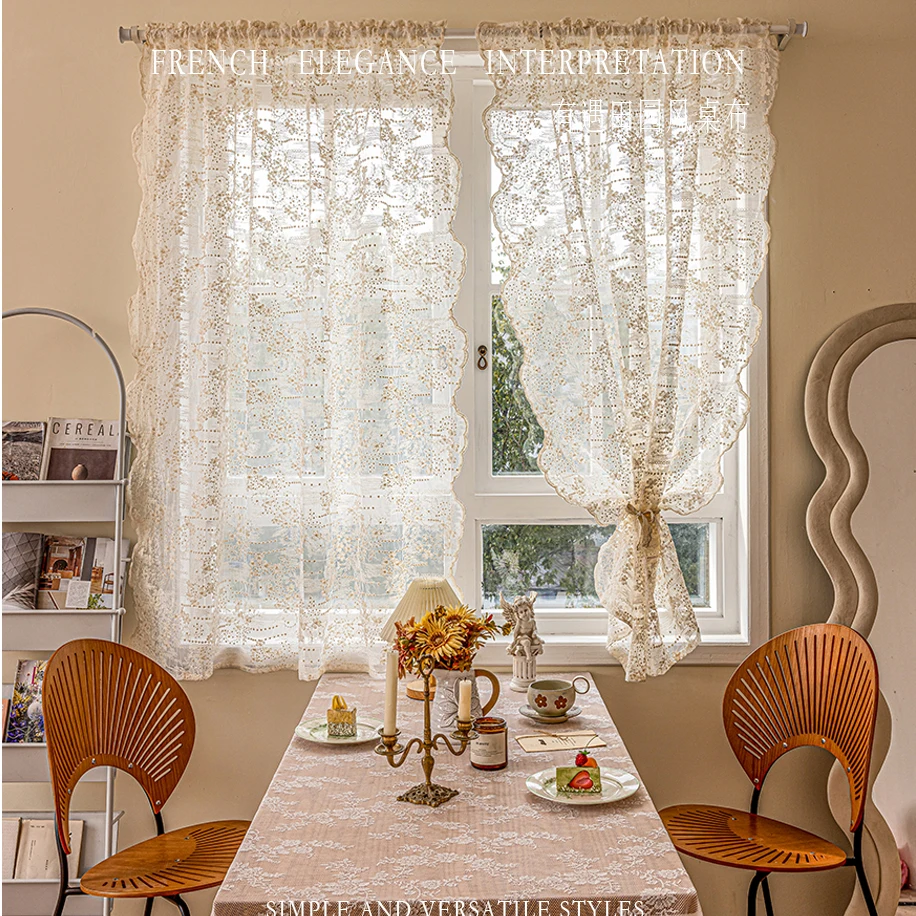 

2pcs French Pastoral Embroidery Lace Beige Gauze Curtains For Bedroom, Small Fresh Sheer Curtains For Small Window, Home Curtain
