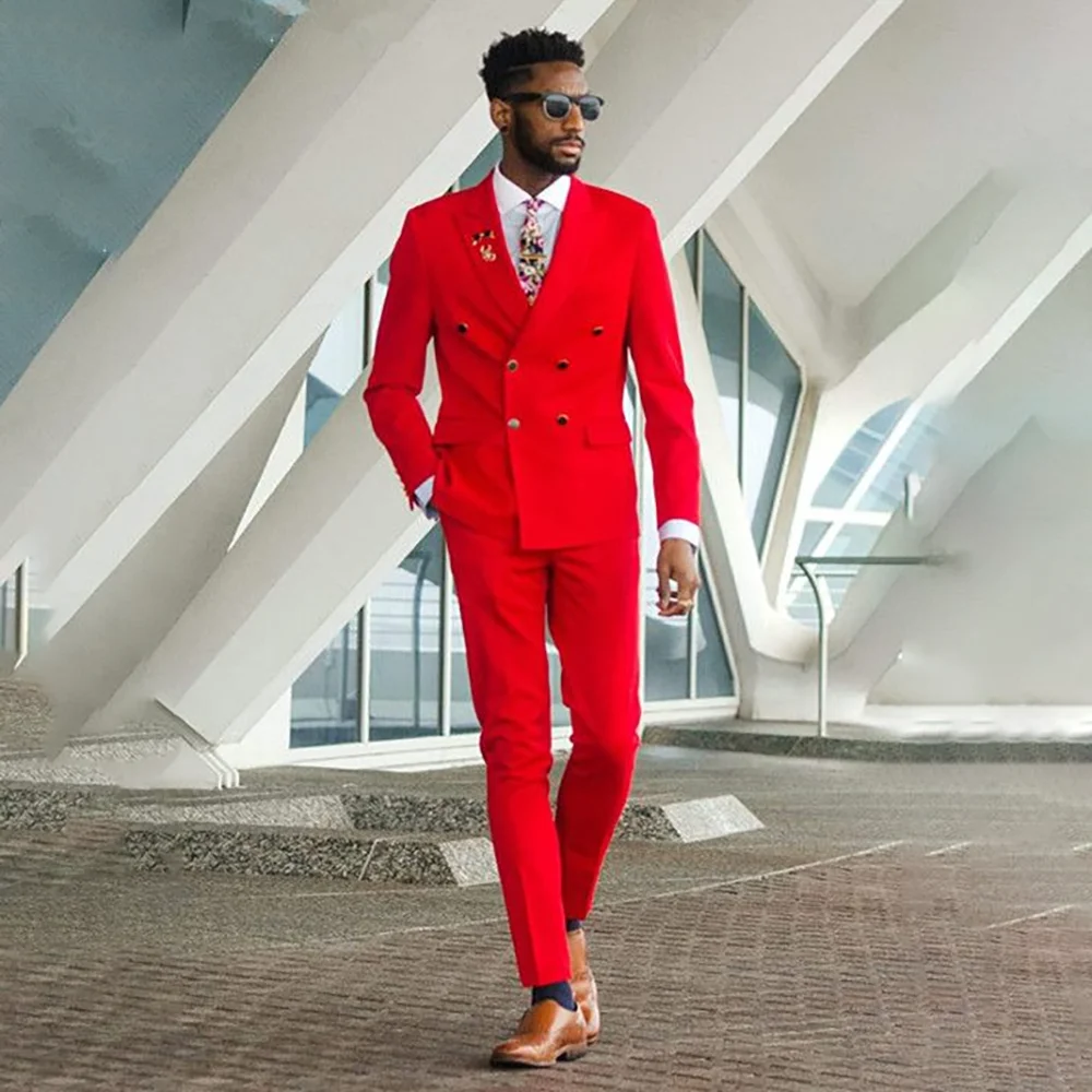 

2 Pieces Jacket Pants Solid Color Men's Formal Business Office Suit Groom Wedding Dress Party Double Breasted Blazer Set