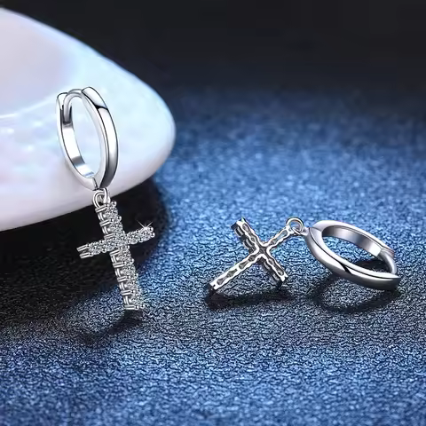 All Real Moissanite Cross Stud Earrings Shiny Gemstone Crucifix Ear Ring S925 Pure Silver Fine Jewelry Pass Diamond Test