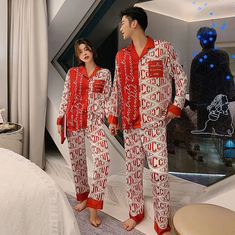 2024 New Couple Pajamas Spring Autumn Women Ice Silk Cool Comfortable Thin Homewear Suit Luxury Loose Casual Men Nightclothes