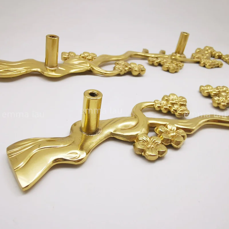 235mm Super Length Brass Plum Blossom Handmade Cabinet Door Handle Pure Copper Retro Wardrobe Knob Handles Furniture Pulls Diy