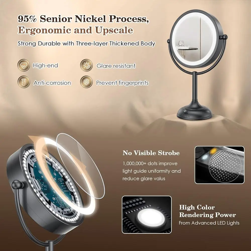 Specchio per trucco illuminato a LED bifacciale da 8,5, ingrandimento 1X/10X, luci regolabili a 3 colori, specchio cosmetico rotante con N nero