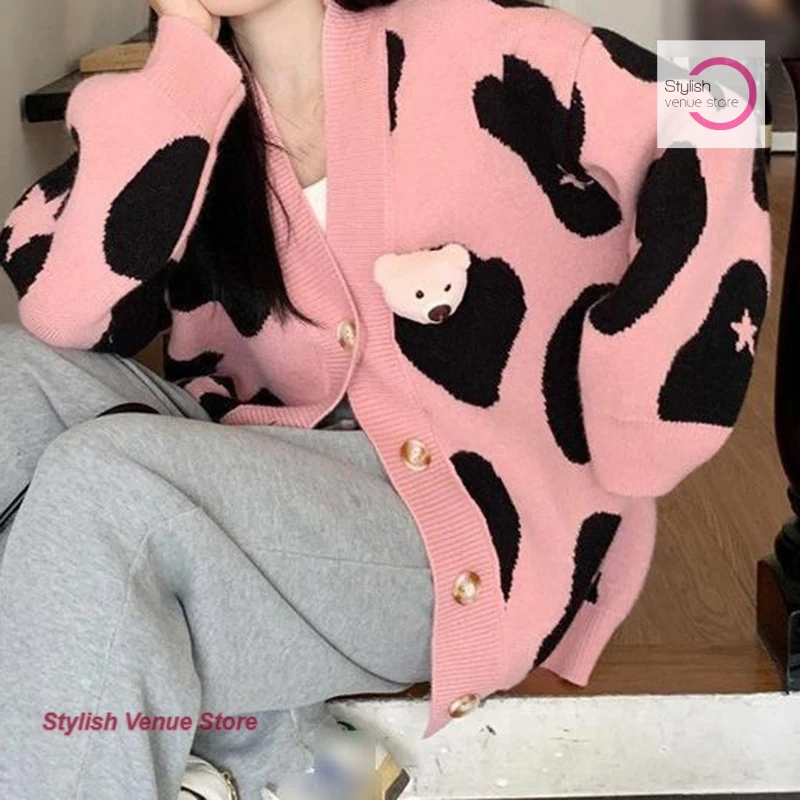 النمط الفرنسي التباين اللون الحب سترة معطف المرأة الخريف والشتاء بالإضافة إلى حجم سترة فضفاضة سترة الدب معطف الزخرفية #3