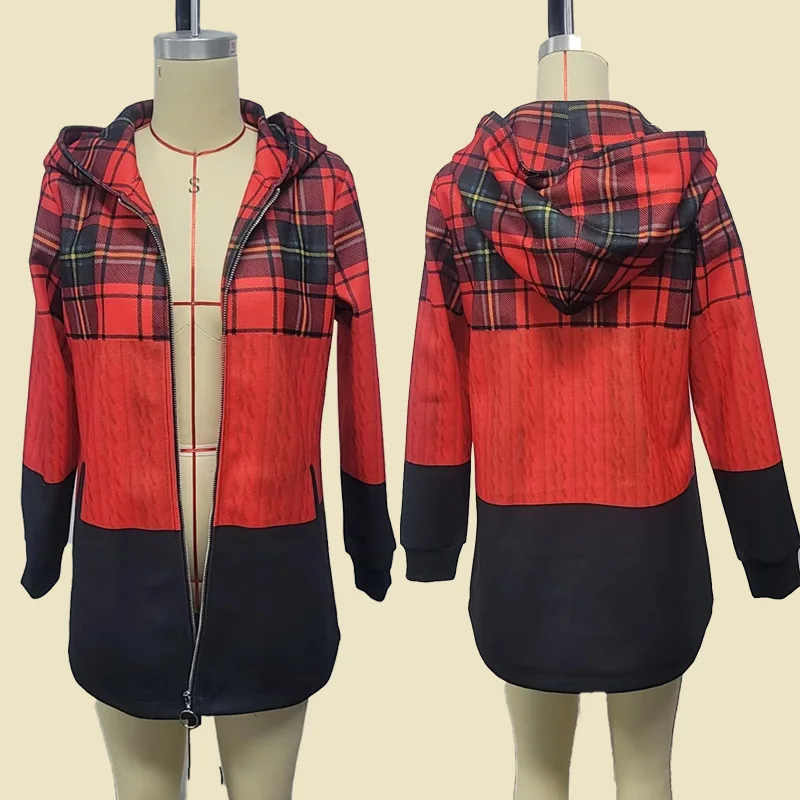 

305370Autumn Winter Hot-Selling Patchwork Plaid Two-Tone Hooded Coat Zipper Cape Top Warm Women's Outerwear