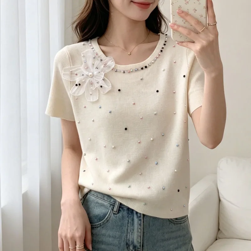 

New Summer Short Sleeve Knitted Sweater Women Pullovers O-Neck Beading Floral Knit Sweater Pullover Women Tops Knitwears Q4451