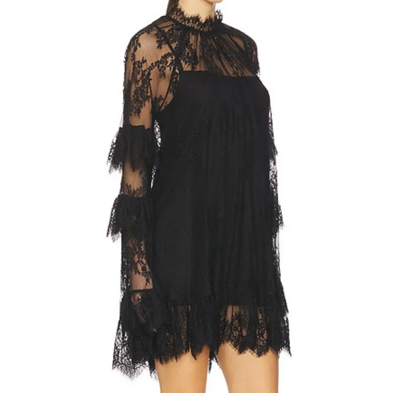 섹시 시스루 수영복 여성용 레이스 자수 스탠드 칼라 긴팔 비키니 커버업 2025 휴가 비치 드레스