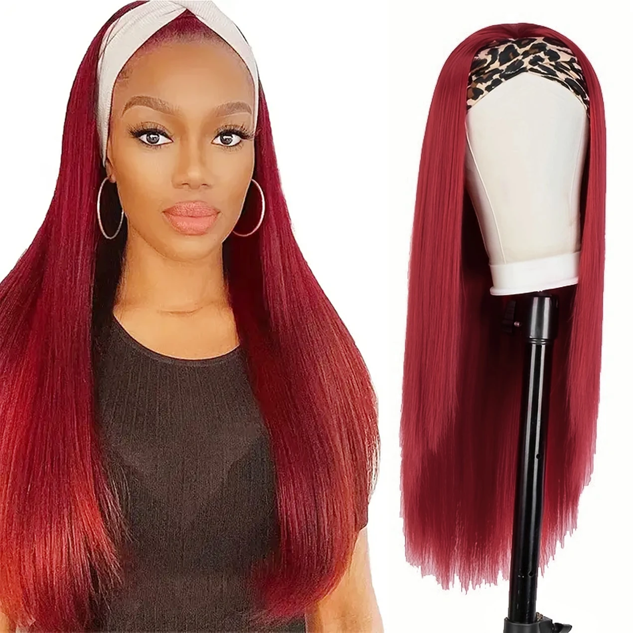 

Женский прямой парик с повязкой на голову Бордовый термостойкий синтетический парик Женский парик с повязкой на голову Полностью тканый парик