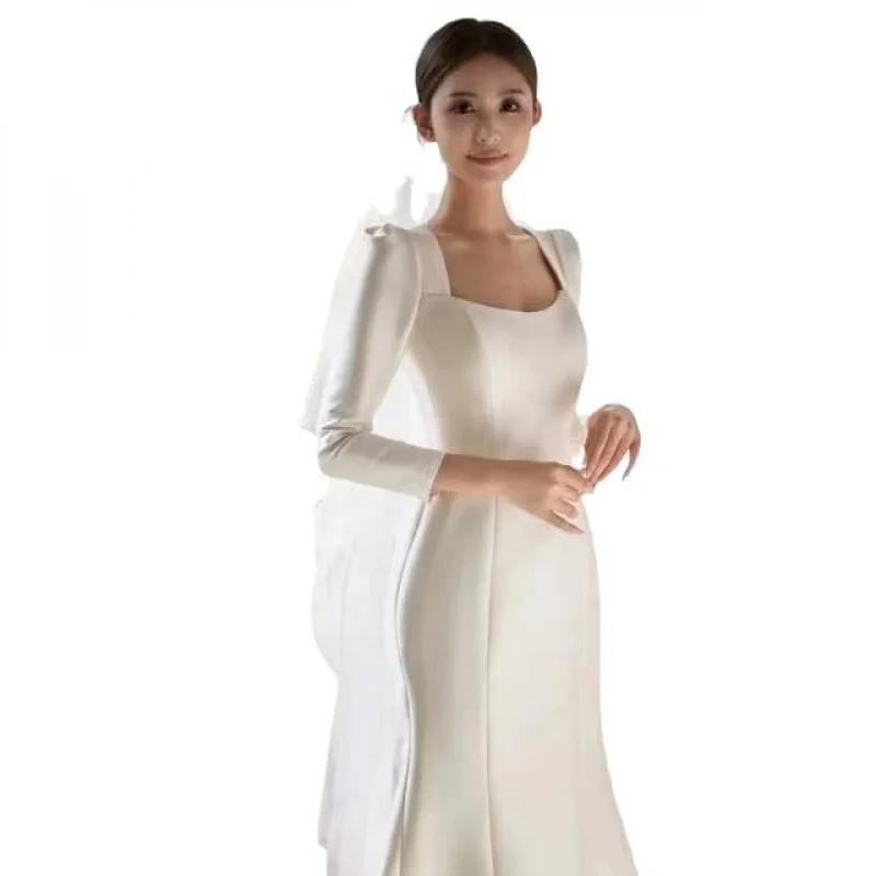 فستان زفاف من الساتان الأبيض الخفيف بأكمام طويلة يغطي الذراع أنيق حورية البحر خفيف فاخر ثوب زفاف العروس المتخصصة