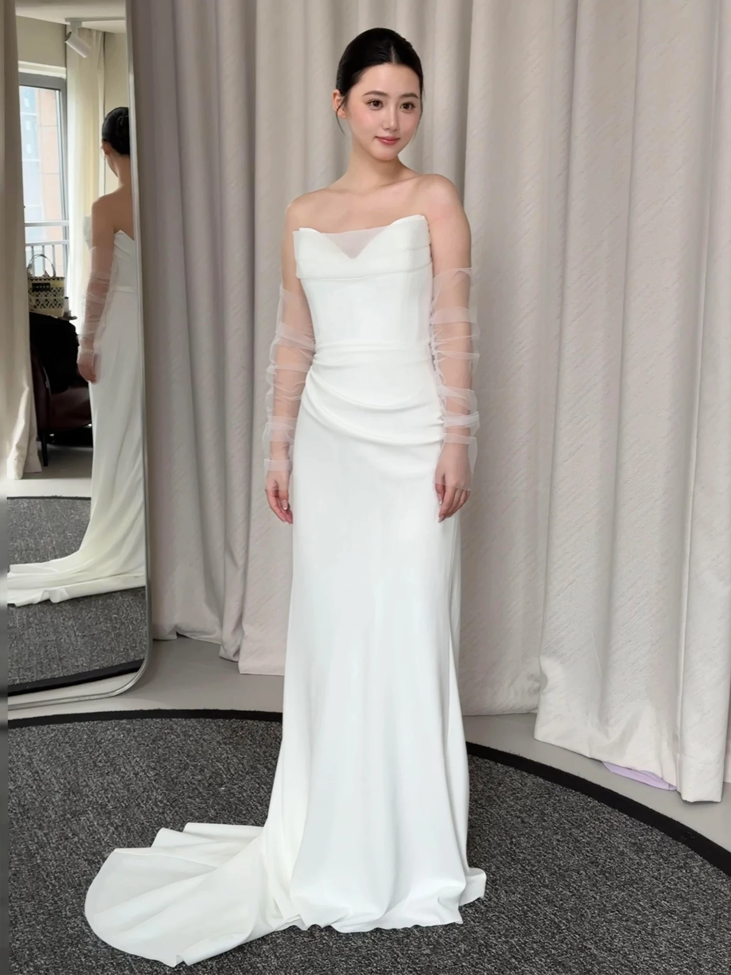 

Упрощенное свадебное платье-русалка из атласа без бретелек, белое, на заказ, для помолвки, с длинной юбкой в пол